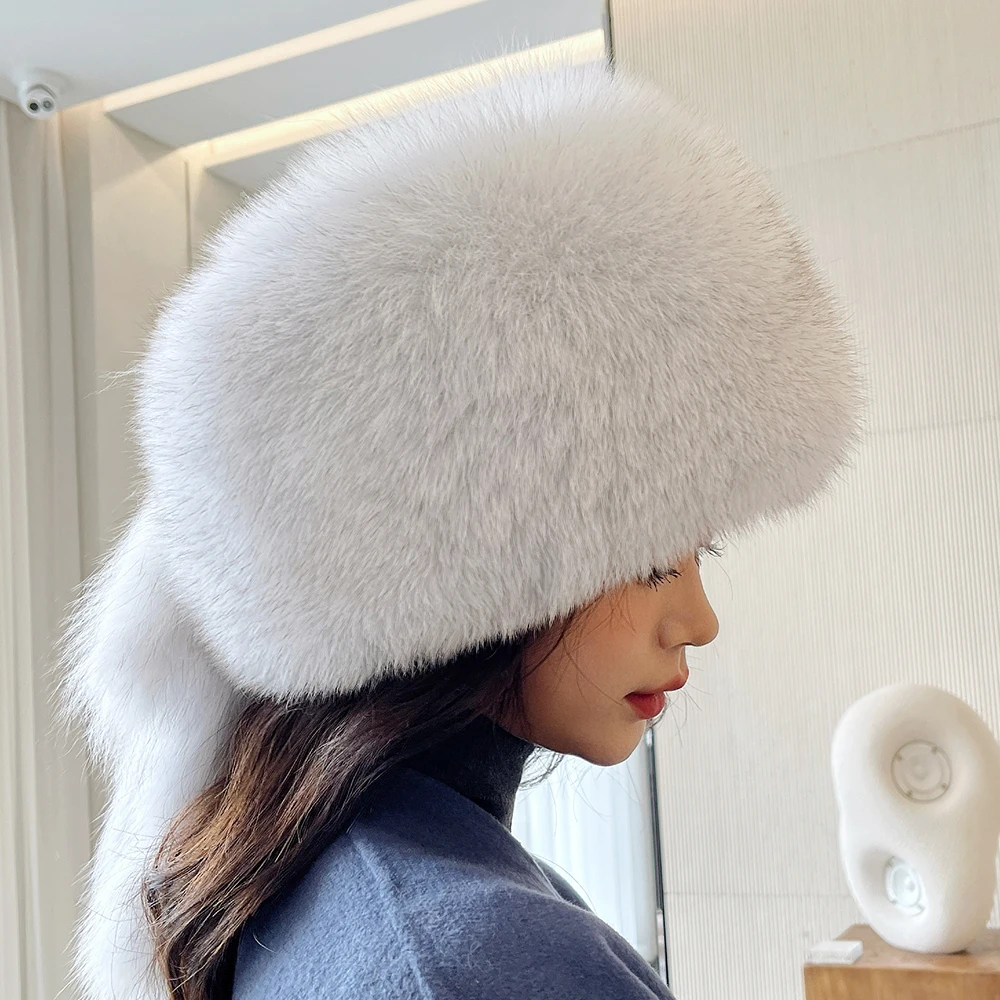 Fluffy Natural Fox Fur Russian Hat with Tassel Ushanka Women Winter Warm  White Popular Style Female Cap Real Fur Hats