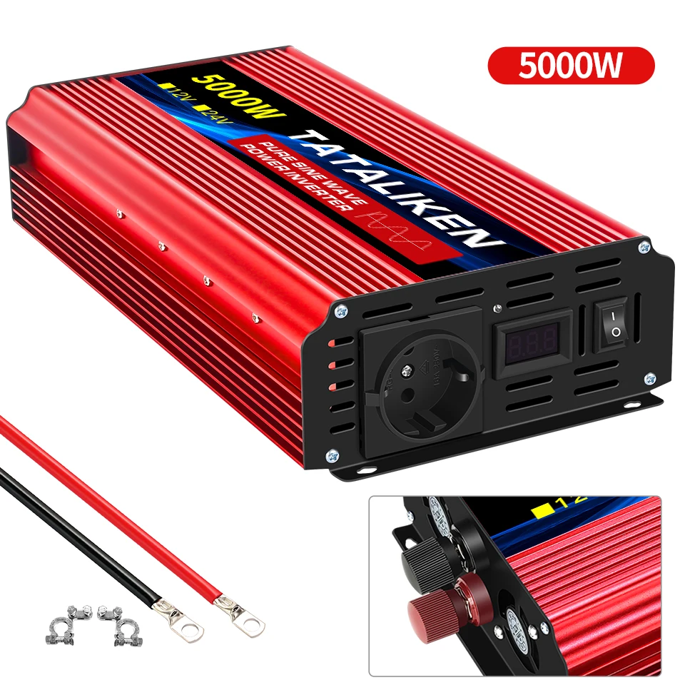 Pure Sine Wave Inverter 12V/24V To 220V 50HZ Transforme Power Converter DC To AC European socket With LED Display