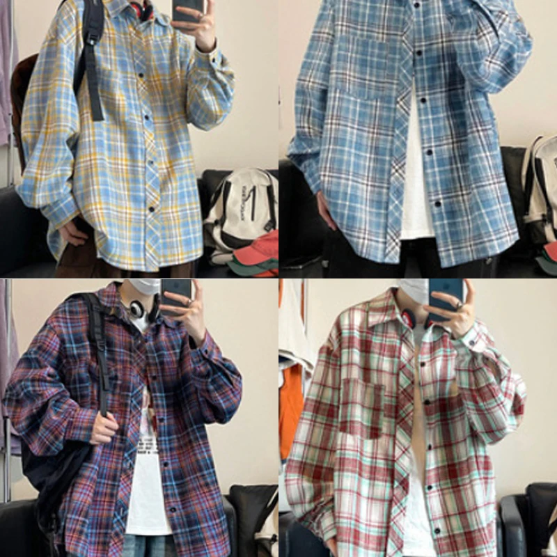 Camisa xadrez casual solta de manga comprida, camisa xadrez solta plus size jovem e elegante, camisa de algodão vintage estilo Harajuku.