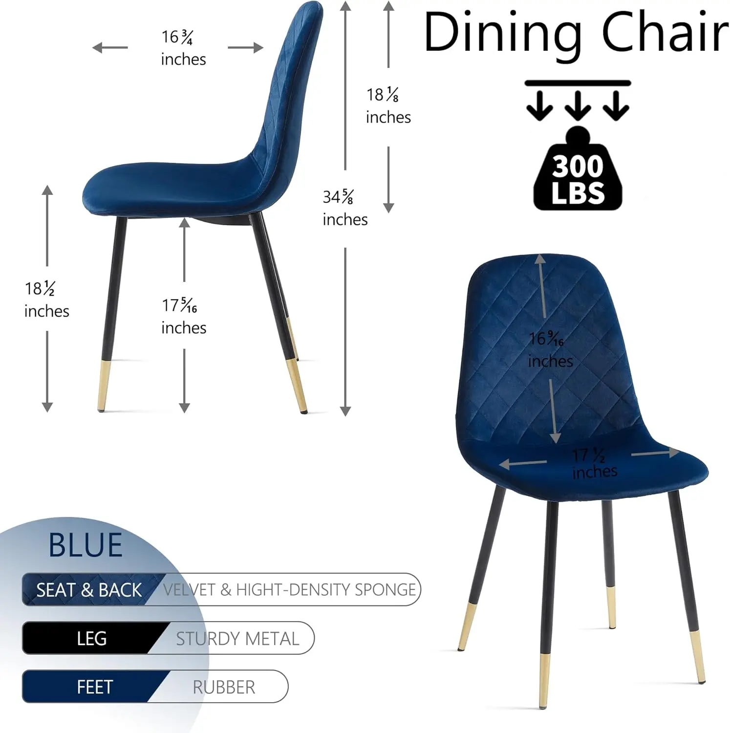 Dining Chairs Kitchen Plain Color Chair Upholstered Side Stools with Backrest Metal Legs Set of 4, Navy Blue