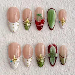 2025 Fake Nails New Handmade Cherry Relief Series Green Style Manicure Press on Nails Medium Almond Length Nails