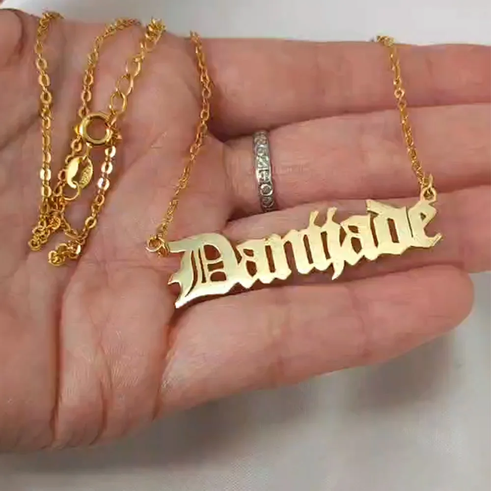 

18K Gold Plated Old English Name Pendent Necklace 925 Solid Silver Nameplate Necklace Customized For Girls