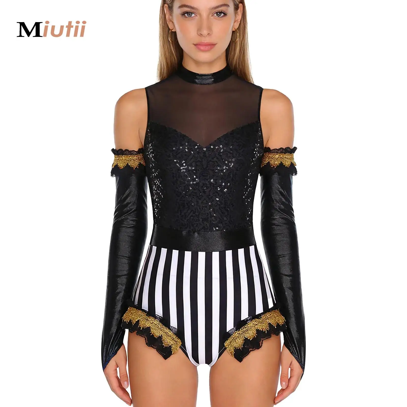 

Women Magician Bodysuit with Gloves Sequin Ringmaster Circus Drummer Halloween Carnival Cosplay Costume Ruffled Epaulet Bodysuit