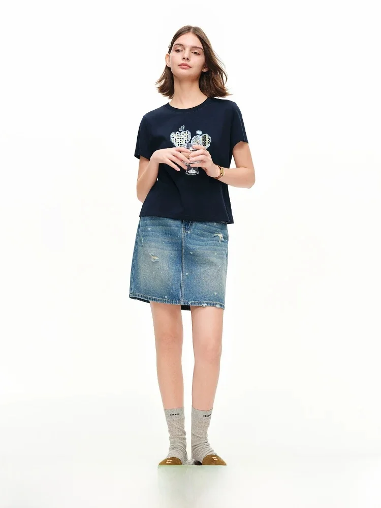 

Джинсовая юбка с высокой талией женская, весна-лето, новый стиль, ретро, с эффектом потертости, А-силуэт, из хлопка, для повседневной носки