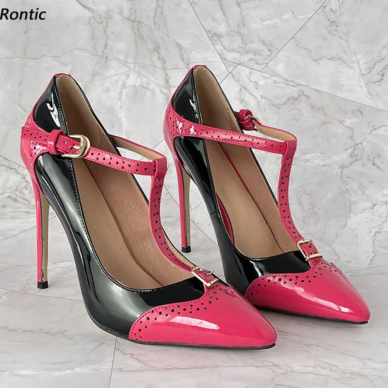 

Rontic модные женские туфли-лодочки с Т-образным ремешком из лакированной кожи с пряжкой на шпильке с острым носком, красивые модельные туфли цвета фуксии, размер США 5-15