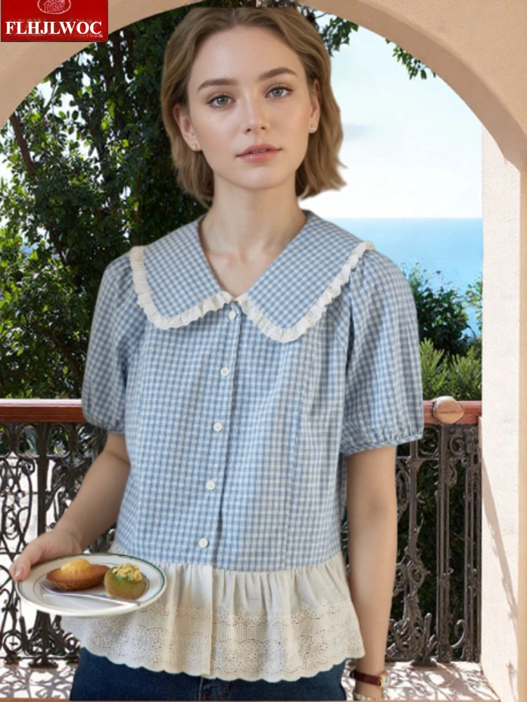 

Cotton Tops Blouses Japan Girls Preppy Style Women Summer Short Sleeve Patchwork White Lace Ruffles Peplum Top Blue Plaid Shirts