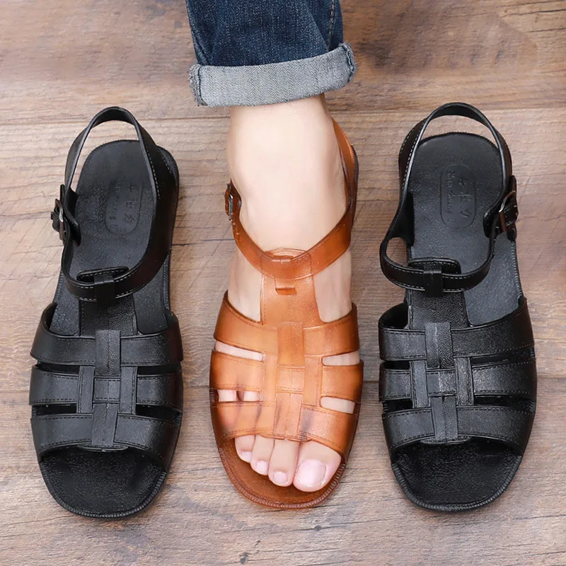 Men's sandals summer retro nostalgic classic old-fashioned middle-aged dad shoes fashionable wear wear non-slip yellow rubber