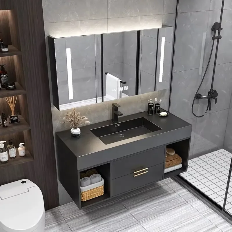 Modern Wall Mounted Floating Bathroom Cabinet Vanity Set with LED Mirror and Countertops Vanity Tops