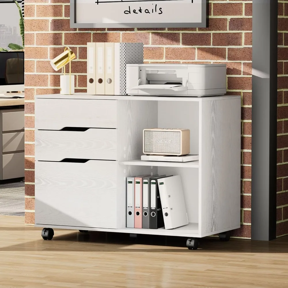 3-Drawer Wood File Cabinet with Wheel, Mobile Chest Storage Cabinet, Printer Stand with Storage Shelves for Home Office,White