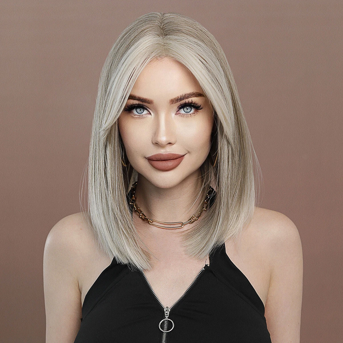 HD Transparent Lace Front Wig Synthetic Short Straight Ash Brown Lace Bob Wigs with Curtain Bangs High Density T Part Lace Wigs