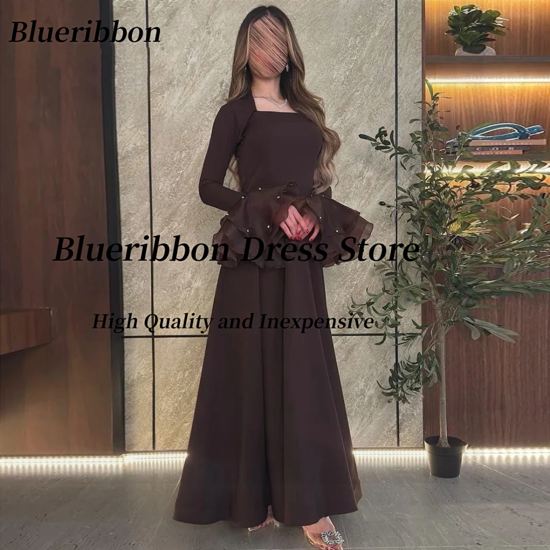 

Blueribbon Square Neck Prom Dresses Beaded Tiered Long Sleeves Evening Gowns Saudi Arabia Women Party Dress Customized