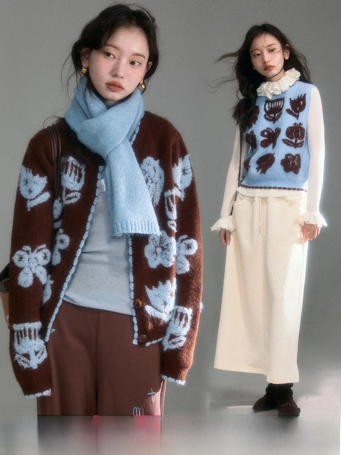 

U Are Original Design Fce Winter Cartoon Store Knitwear Cardigan with Wool Vest Set Embroidered Towel Flower Patterned