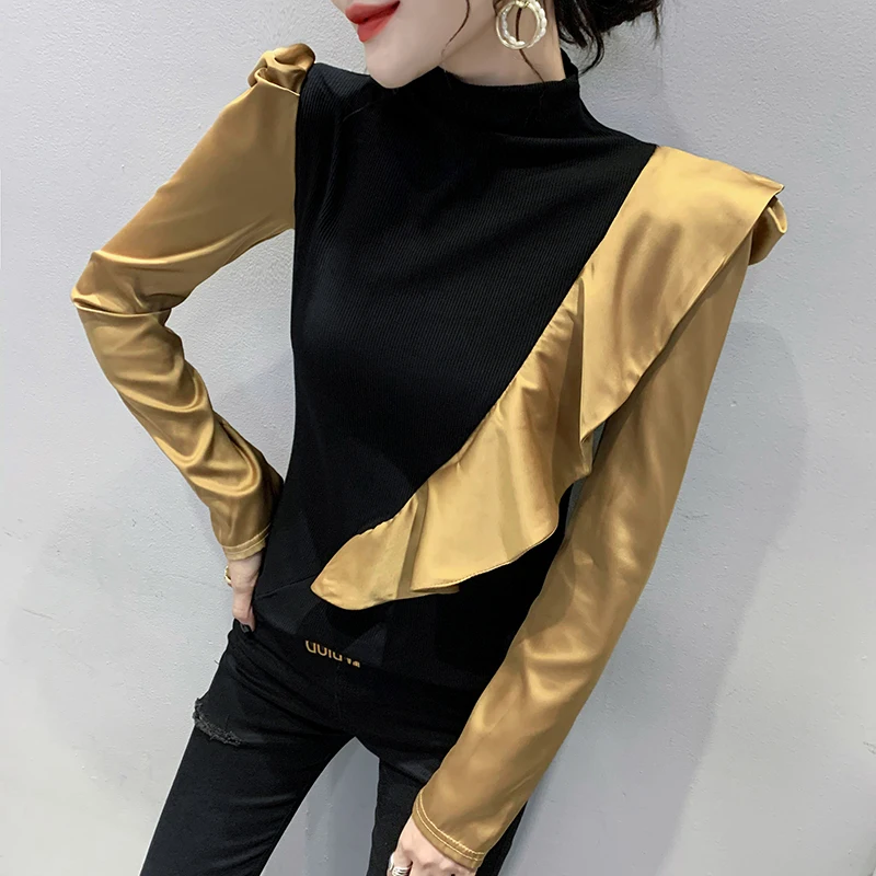 Fall Winter European Clothes T-Shirt Fashion Ruffles Sexy Color Blocking Women\'s Tops Puff Sleeve All Match 2022 Hot Tees 9068