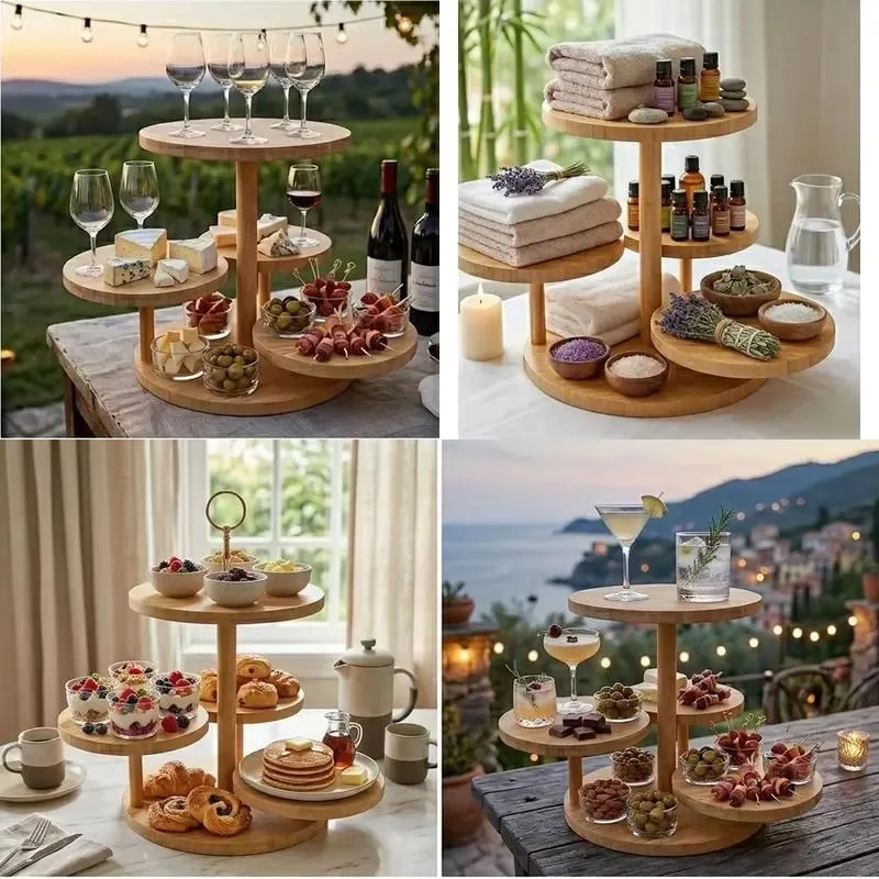 for 4-Tier bamboo cake stand wedding display tower rustic dessert tray for bridal showers and anniversary parties