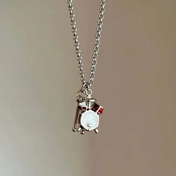 Europe and America Silver Color Red Zircon Drum Necklace UNISEX Rock and Roll Music Festival Jewelry Necklace