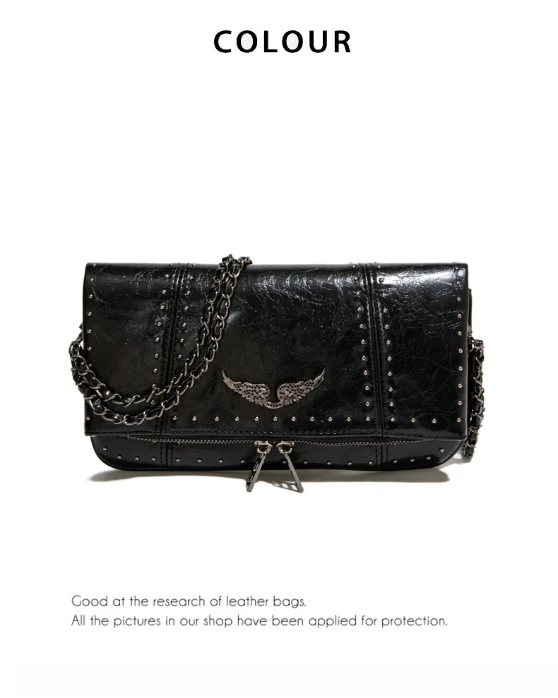 Bolso Bandolera Tipo Sobre Pequeño para Mujer 2026, Bolso de Hombro Casual de Cuero Encerado Negro Suave con Cadena de Remaches Plateados