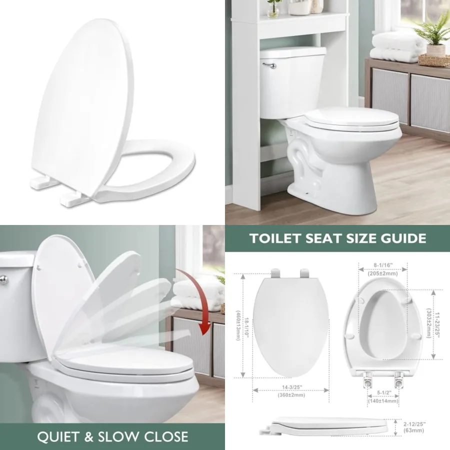 

Toilet Seat, Slow Close Hinges, Four Non-Slip Bumpers, Easy to Install and Clean, Durable Plastic, White Two Sets of Mounting P
