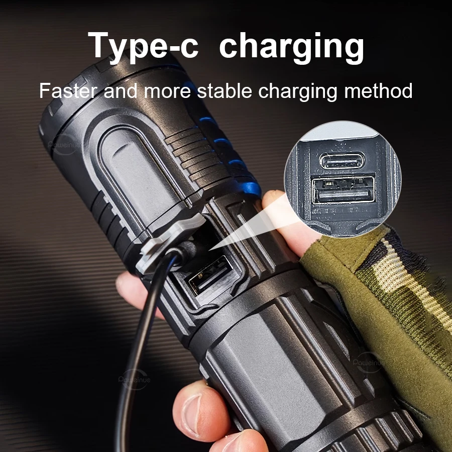 200000LM High Power Led Flashlight Super Bright Spotlight Long Shot LED Torch Built-in Battery USB Charge Portable Camping Torch