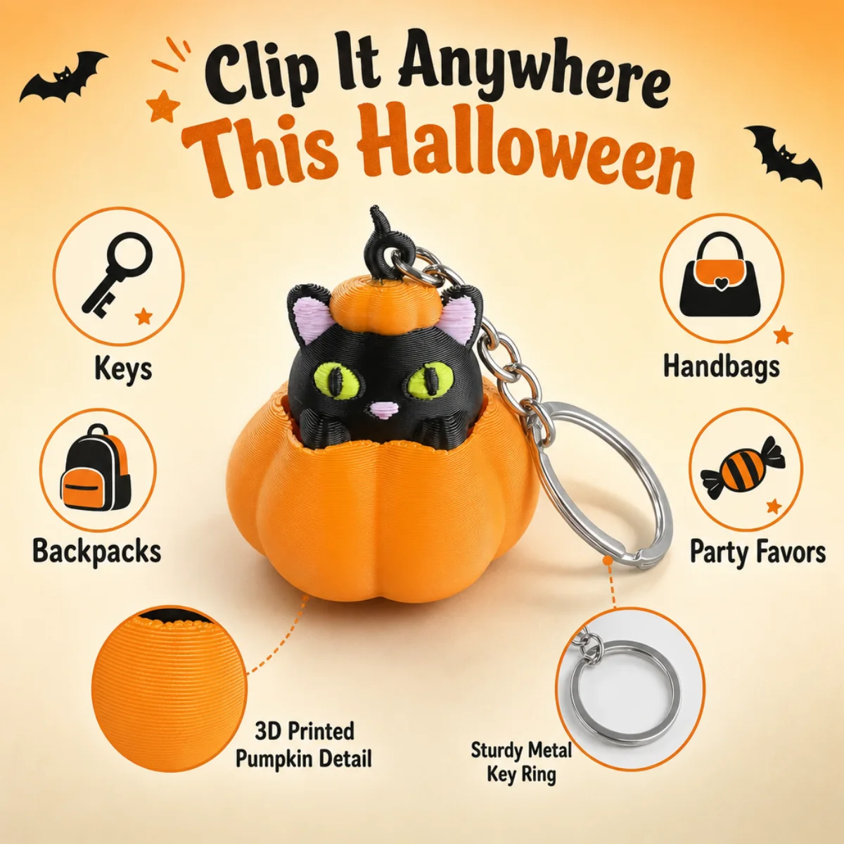 1Pc Lovely Halloween Pumpkin Black Cat Clicker Keychain,Durable Eco PLA 3D Print Decor Portable Stress Squeeze Toy Bag Pendant - view 2