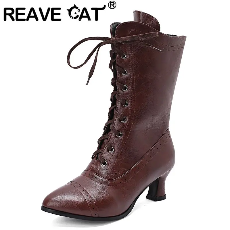 

REAVE CAT Женская обувь до середины икры с острым носком, маленький каблук 5,5 см, повседневная обувь разных цветов, большой размер 46 47 48