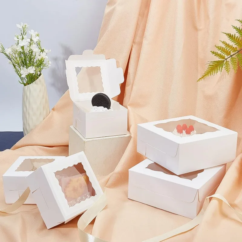 20 Pcs Bakery Box White Bakery Boxes Cupcake Boxes Kraft Packaging Boxes with Window for Cookies Small Cakes Muffin in Proposal
