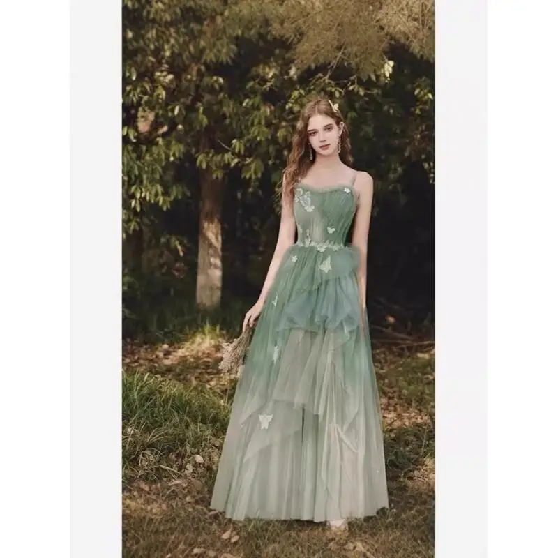 

Strap Toast Dress Green Butterfly Embroidered Performance Dress Pongsa Birthday Banquet Adult Ceremony Dress Customized