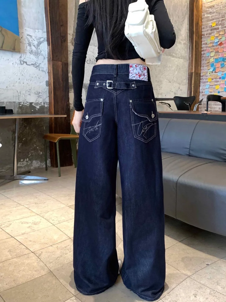 

2025 Ropa Y2K Fashion Patch Designs Dark Blue Baggy Stacked Jeans Pants For Women Clothing Straight Casual Lady Denim Trousers