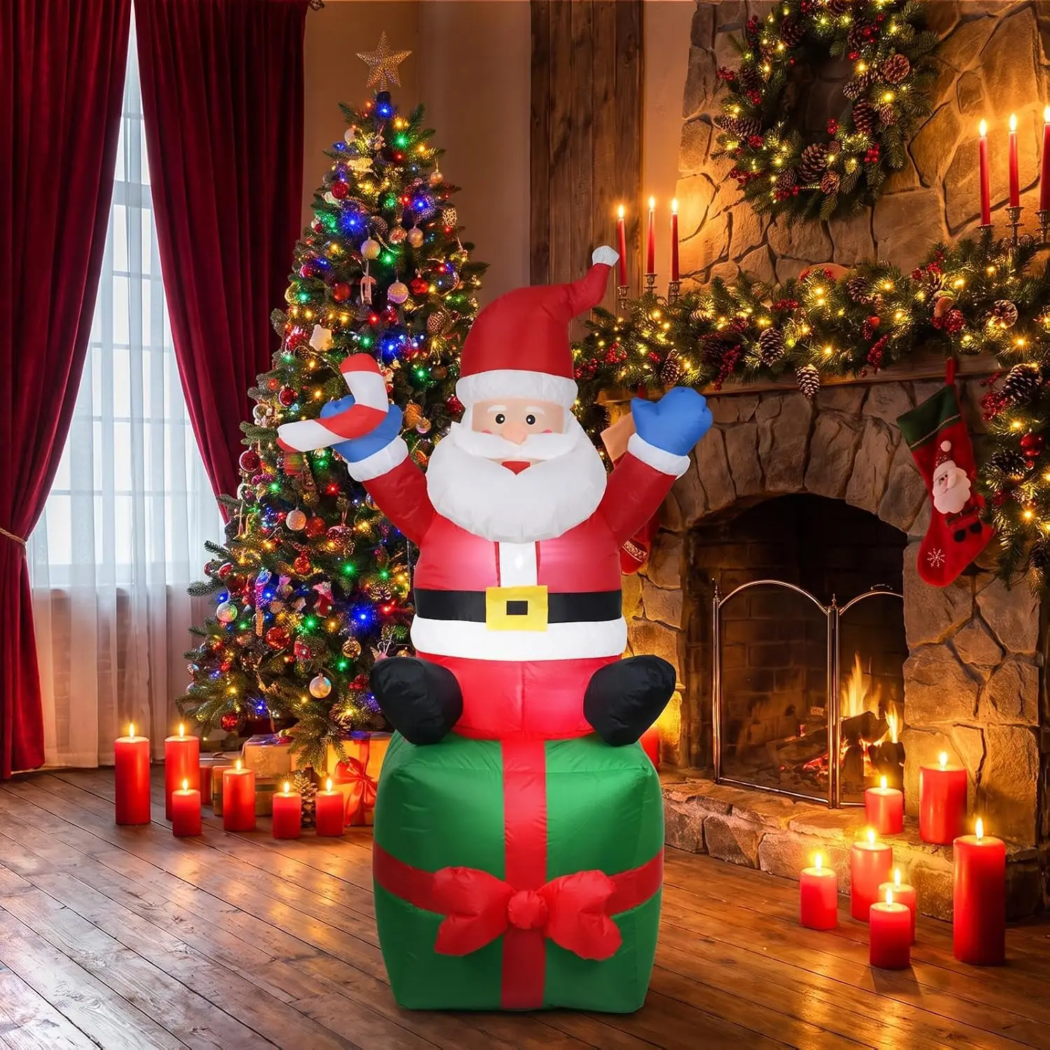 6ft Inflatable Santa Claus with Gift Box & 2 LED Lights – Outdoor Christmas Yard Party Decoration for US Lawns, H:180cm, Fan:0.8A 9733, Transformer:1000mA