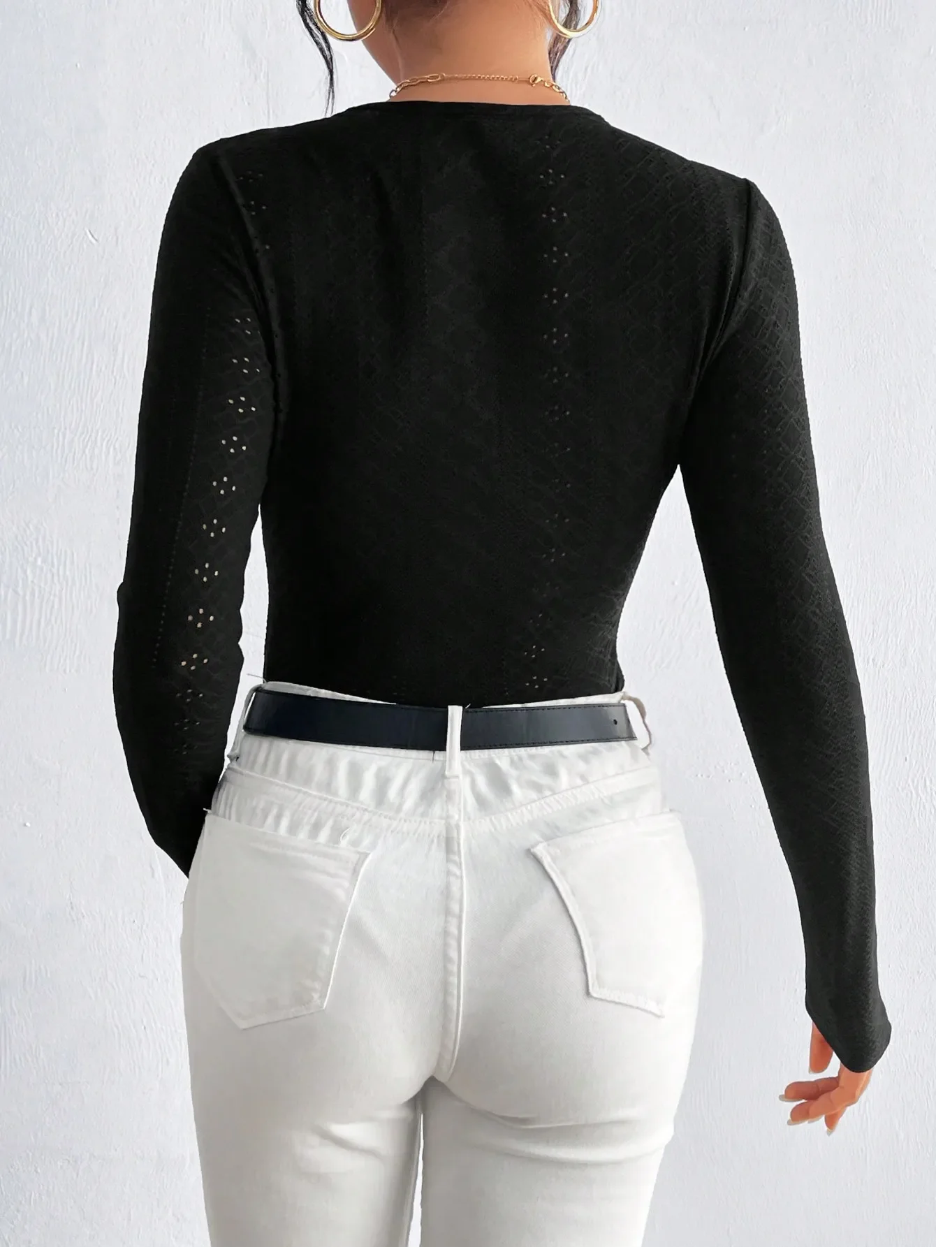 Body sexy, tute a maniche lunghe alla moda slim see T-shirt casual femminile, tuta patchwork in pizzo con scollo a V da donna