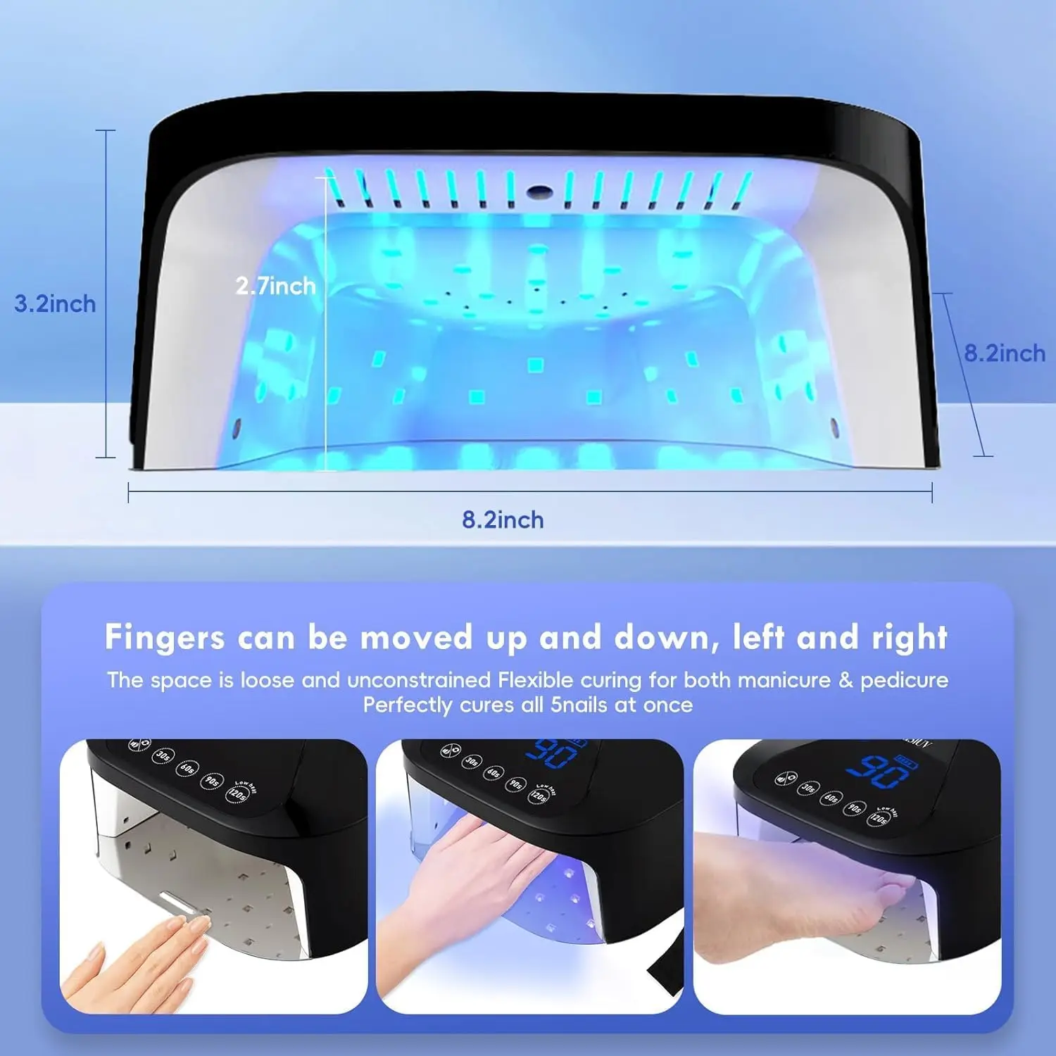 مصباح أظافر LED بالأشعة فوق البنفسجية مع قفازات للأشعة فوق البنفسجية، قاعدة مرآة مغناطيسية، مجفف جل لاسلكي، 4 مؤقتات، تحكم باللمس، مستشعر تلقائي للصالون والمنزل