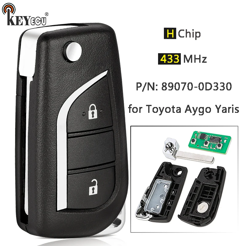 

KEYECU 433MHz H Chip P/N: 89070-0D330 2 Buttons Flip Remote Car Key Fob for Toyota Aygo Yaris 2014 2015 2016