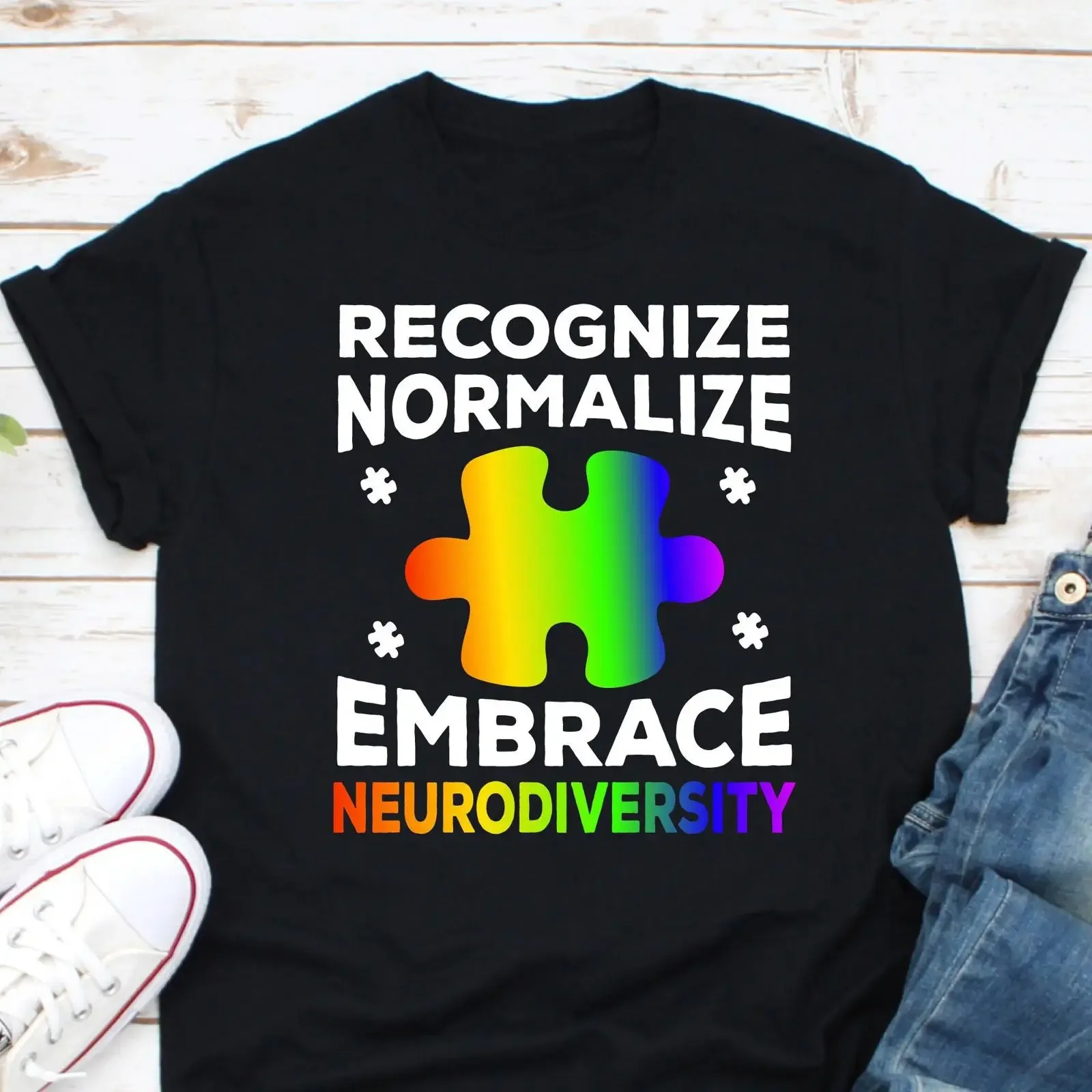 Recognize Normalize Embrace Neurodiversity T Shirt Autism ADHD Awareness Support Rainbow Puzzle for Day vintage Washed