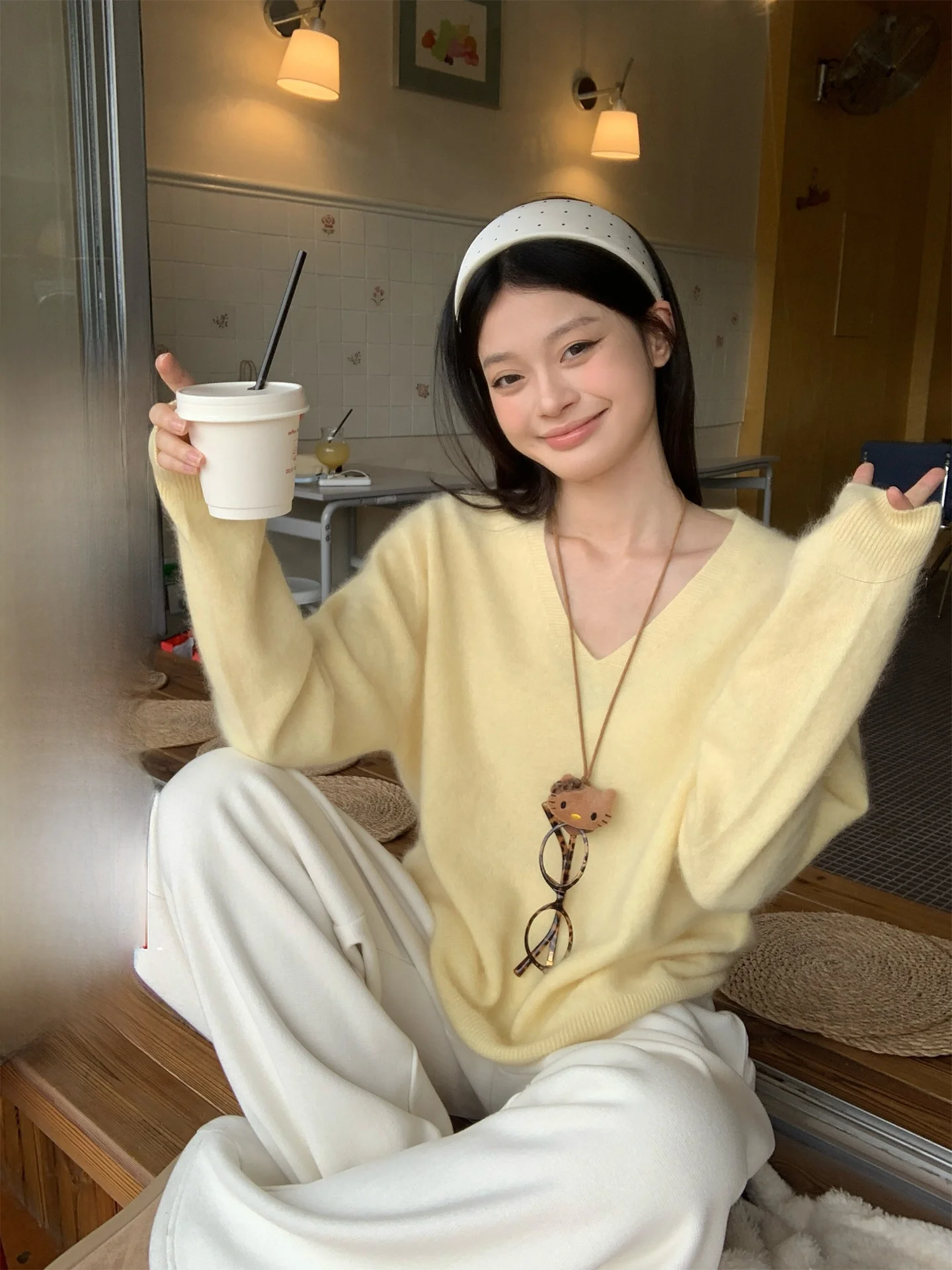 

Свободный повседневный вязаный свитер с v-образным вырезом, женский зимний модный дизайн, мягкий корейский топ с желтым гусем