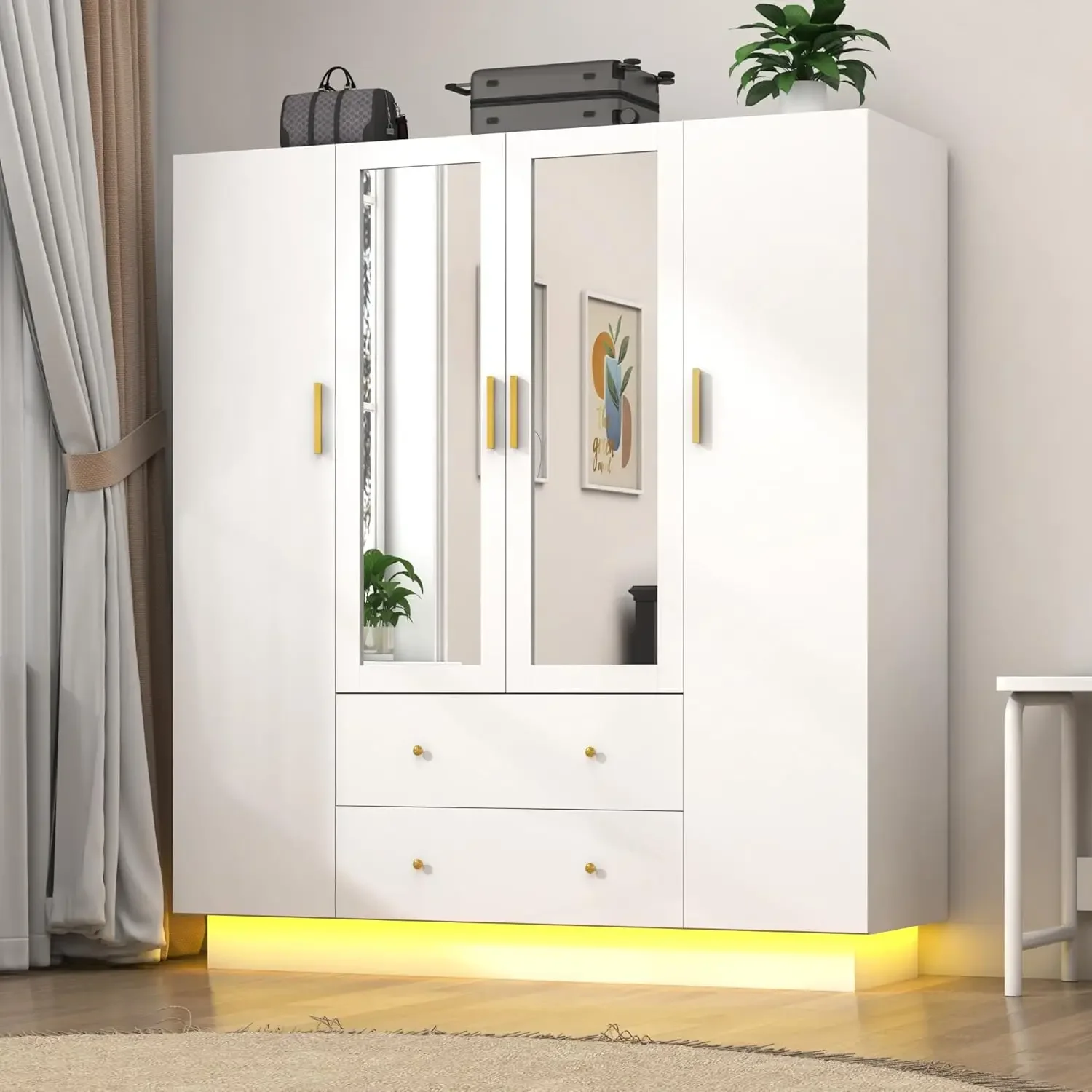 Armario de 4 puertas con espejos y luces LED, armario de dormitorio con cajones y estantes, armario de madera moderno