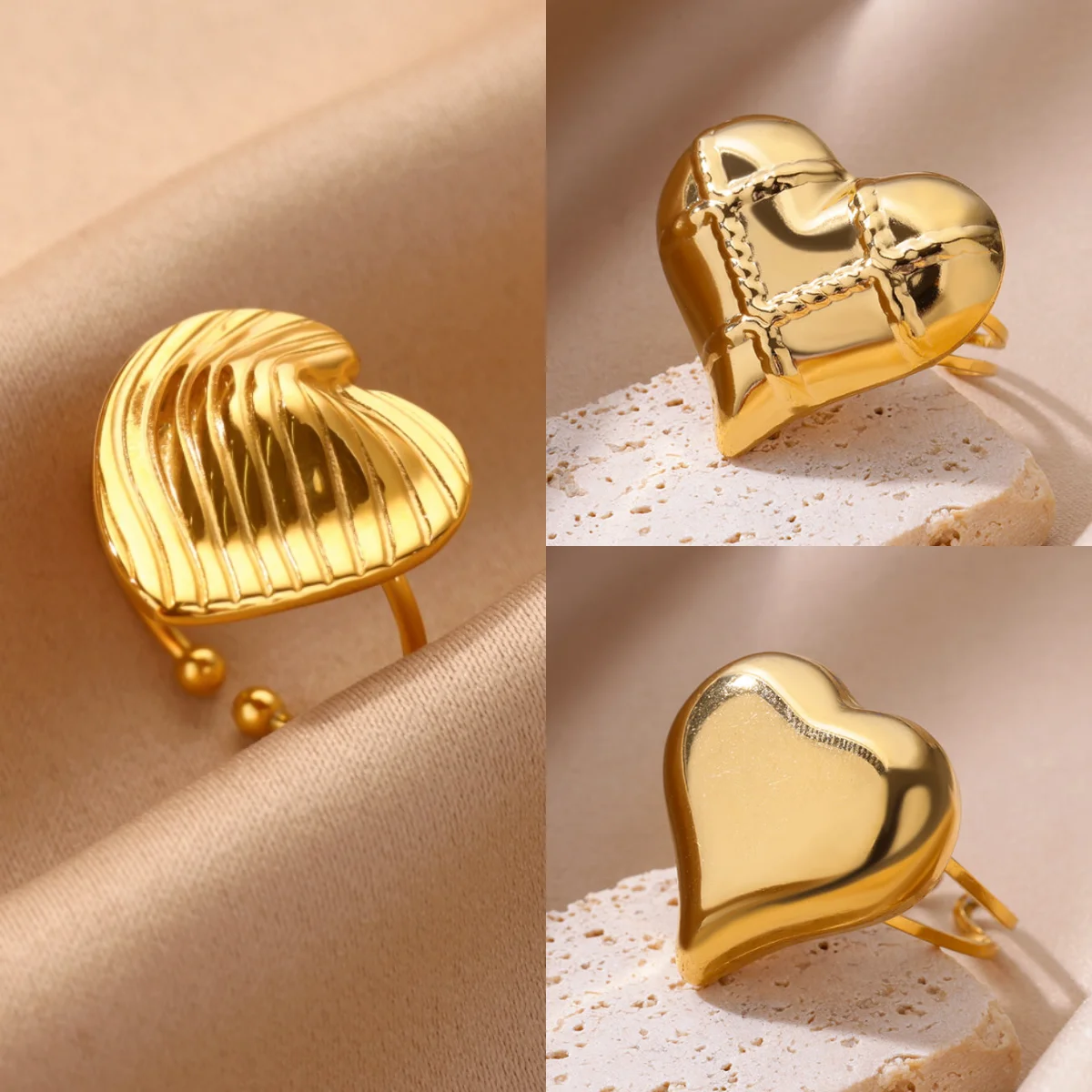 

10pcs Minimalist Gold Color Heart Women's Rings Stainless Steel Textured Luxury Jewelry Ring Party Gift bijoux acier inoxydable