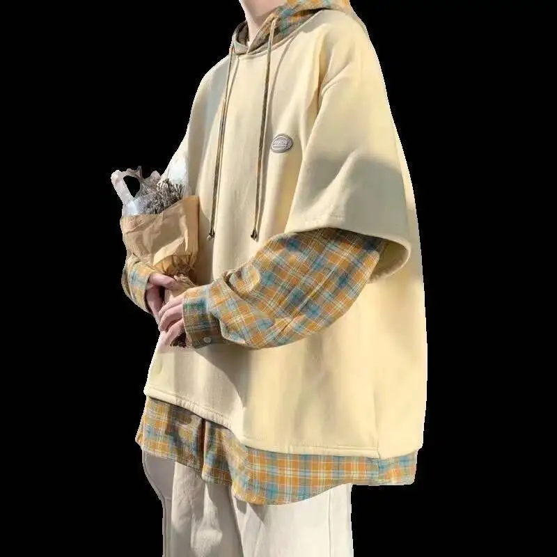 Women's Spring Autumn Thin Oversized Hoodie American Contrast Color Fake Two-Piece Plaid Loose Jacket Top