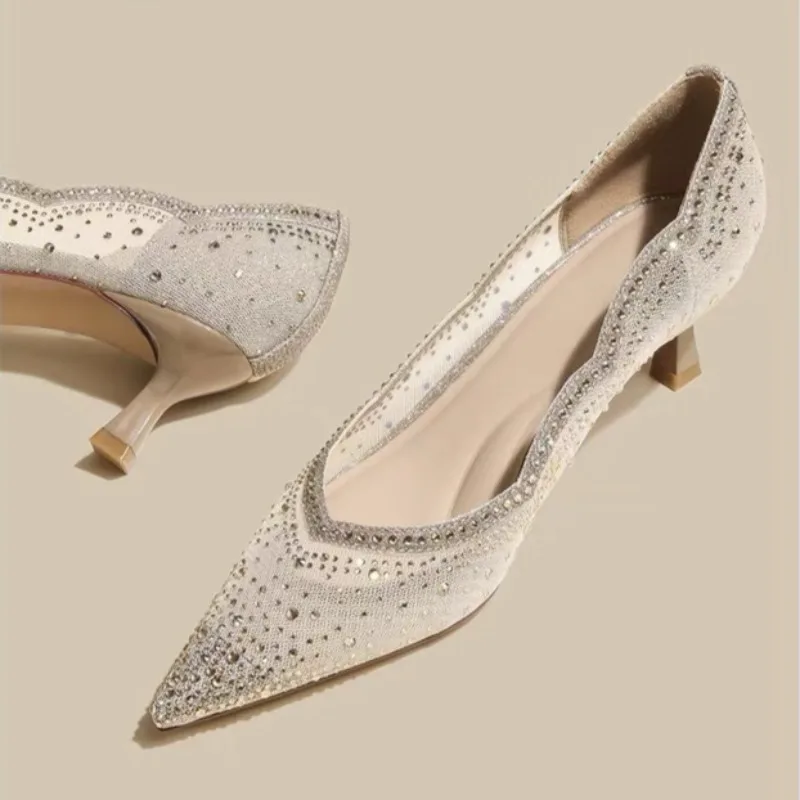 الفاخرة شبكة مرصعة بأحجار الراين مثير عالية الكعب للنساء تنفس تصميم الأزياء صندل أنيق أشار تو مضخة مأدبة أحذية الزفاف