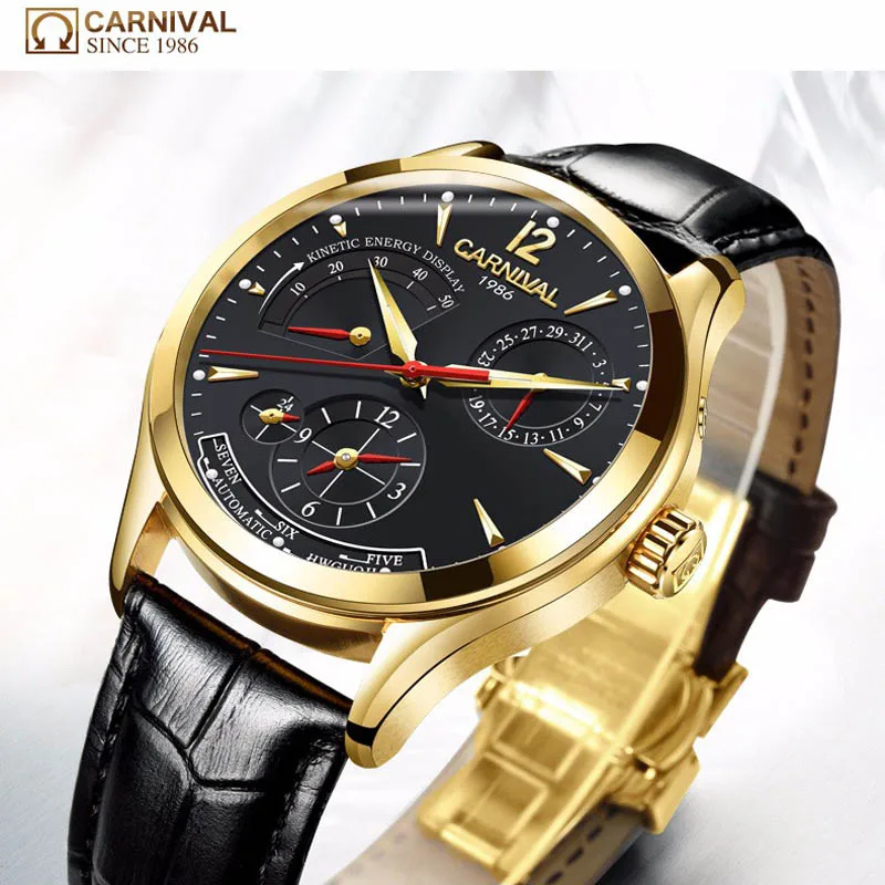 CARNIVAL Second time zone kinetic energy display Watch Men Sapphire Automatic Mechanical Watches Man Watch Leather Waterproof