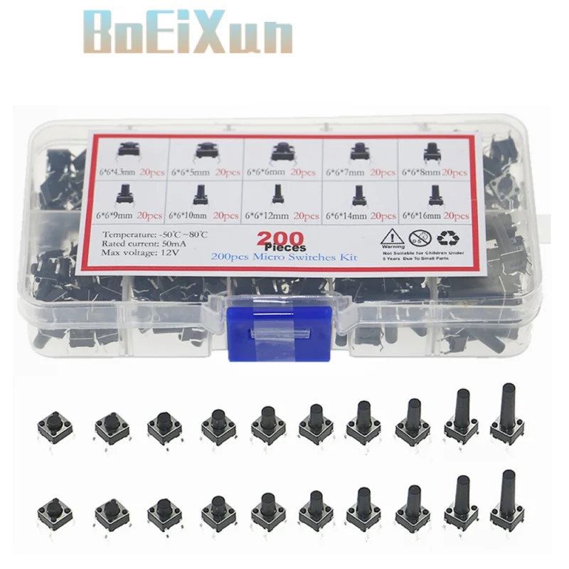 200pcs/box Mini Button Switch Diy Kit 6*6*5/6/8/10/12/16mm rice cooker / telephone / PCB Board Maintenance use Keys Switch Set