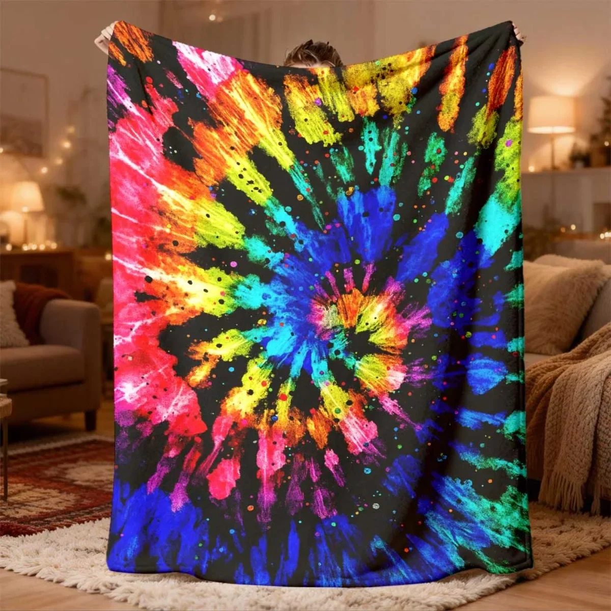 Vibrant Tie Dye Throw Blanket Bohemian Psychedelic Fleece Cover 150x200cm Cozy Neon Fall Winter Decor
