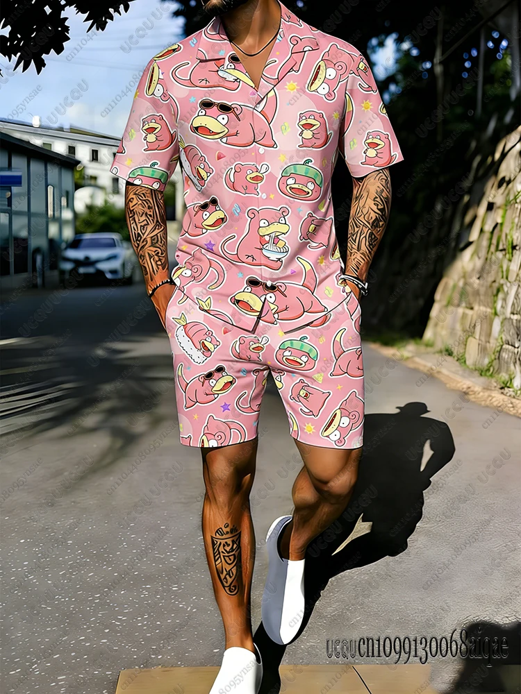 

Anime Pokémon Pink Platypus Print Hawaiian Shirts Set For Men Summer Short Sleeve Shirts+Shorts Suit Casual Beach Shirts Man Set