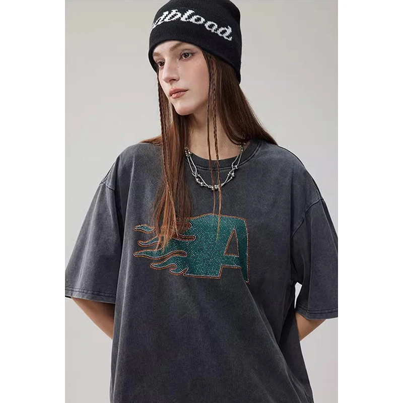 NXXTRESS Vintage Diamond Setting T-Shirts For Men/Women Cotton Short Sleeve  Acid Washed Streetwear Hip Hop Tee Clothing