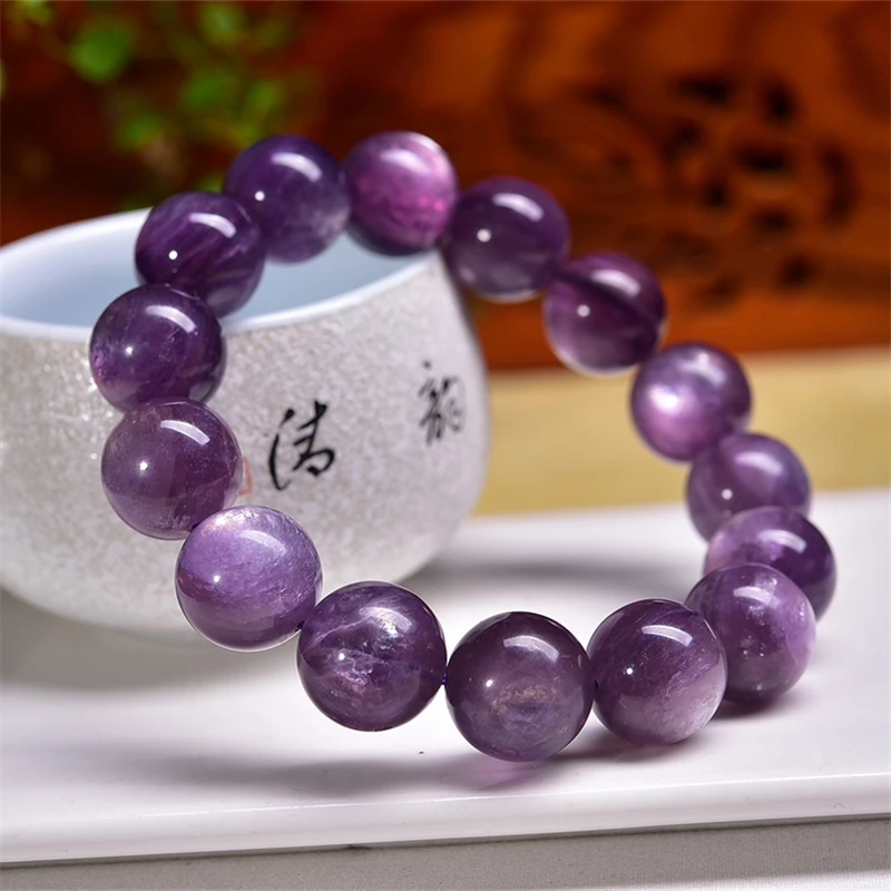 14MM Natural Purple Lepidolite Bracelet Crystal Yoga Reiki Healing Fengshui Stone Stretch Female Gift 1PCS