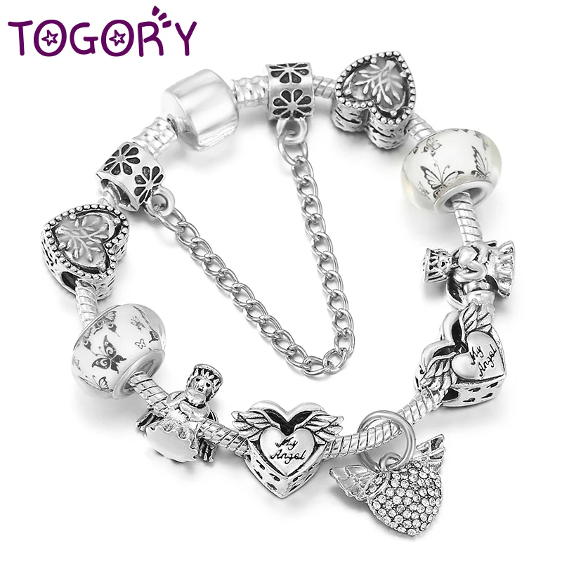 TOGORY Hot Sale Fashion Silver Color Heart Angel Charm Bracelet For Women Fit Original Brand Bracelet DIY Handmake Jewelry Gift