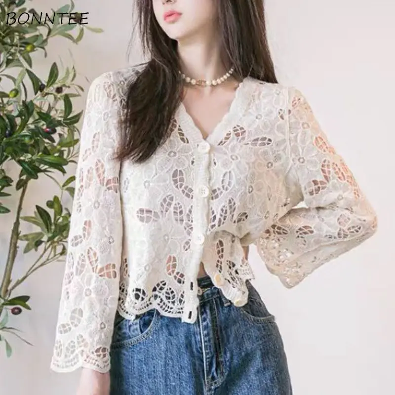 Shirts Women Solid V-neck Loose Hook Flower Hollow Single-breasted Summer Korean Fashion Casual Cardigan Elegant Breathable