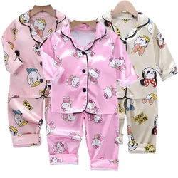 Girls Satin Pajama Set Children Spring Lapel Neck Long Sleeve Sanrio Hello Kitty Print Top+Trousers 2Pcs Kids Minnie Sleepwear