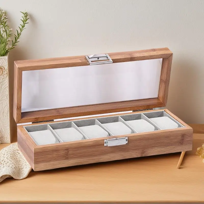 

(Лето6) 3/6 Корпус для часов с сеткой Деревянная стеклянная коробка для часов Дисплей Ювелирные изделия Металлический замок Органайзер Деревянный ящик для хранения часов