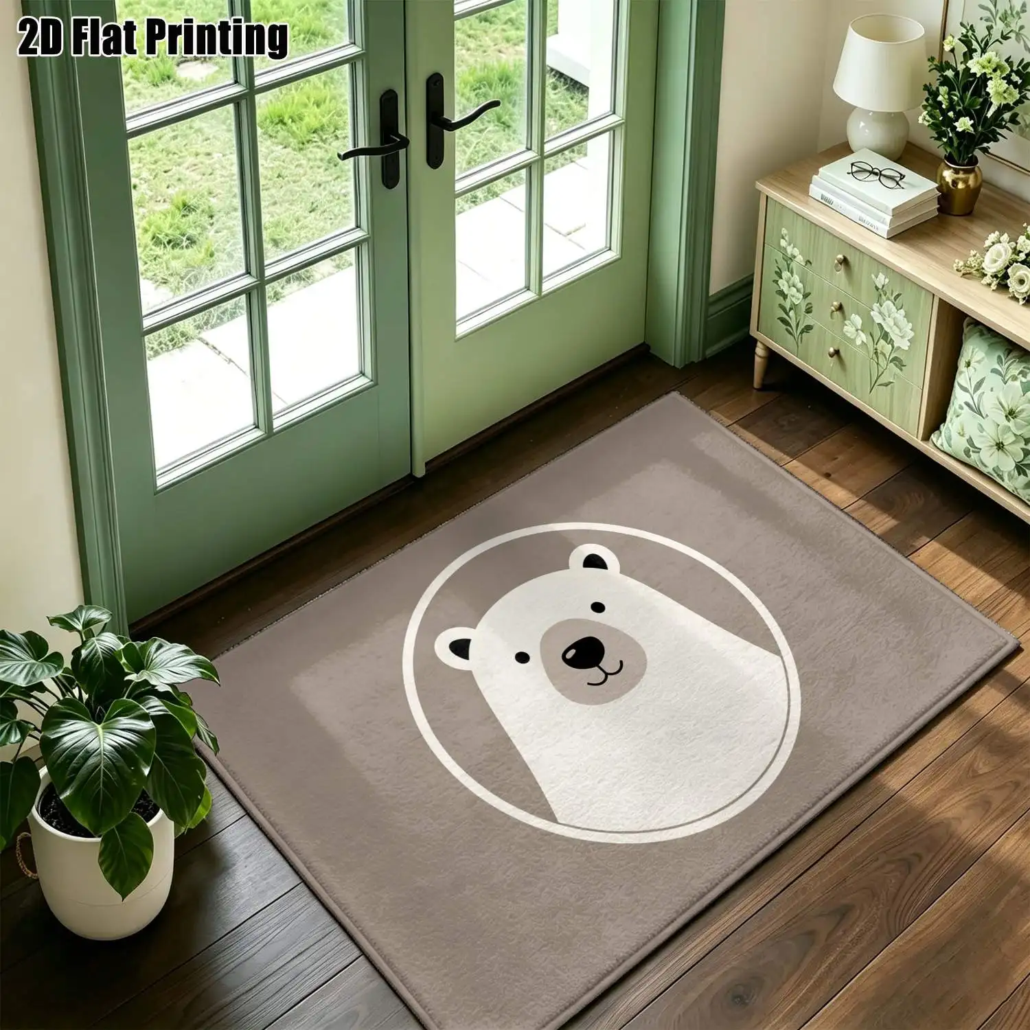 1Pc 2D Printed Cream Bear Head Nordic Carpet, Instagram-Inspired Minimalist Floor Mat, Machine Washable, Multi-Size Home Decor Rug for Entryway, Bedroom, Living Room, Study