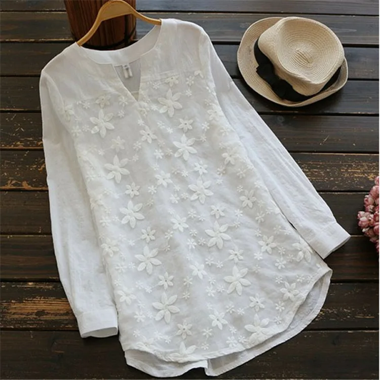 2025 Summer Autumn Hot Blouse Women Lace Long Sleeve Tops V Neck Embroidery Loose Plus Size S-5XL Elegant Shirt Blusas Female