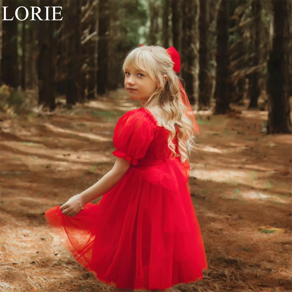 LORIE Red Cute Tulle Flower Girl Dresses Appliques Puff Sleeves A-Line Pleated V-Neck 2024 Birthday Party Mini Dress Customized